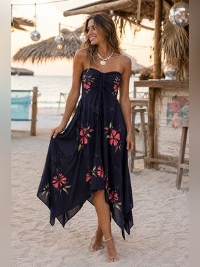 Vintage Y2K Strapless Floral Hanky Hem Maxi Dress OS Boho Cottagecore Embroidery